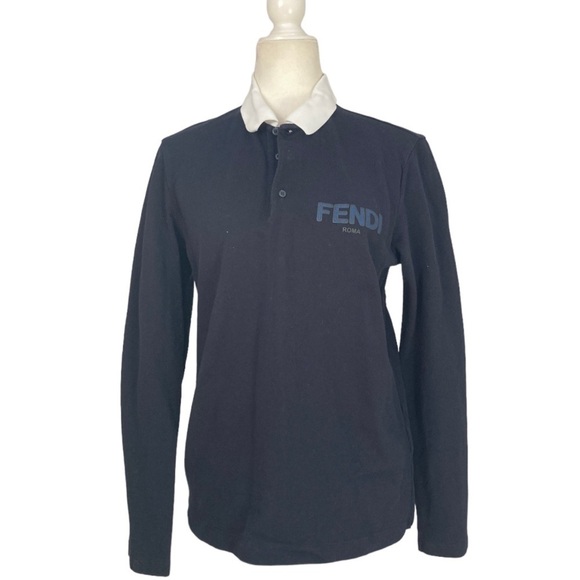 Fendi Long Sleeve Cotton Polo Shirt Blue contrast White Collar Fendi Logo - Picture 11 of 11